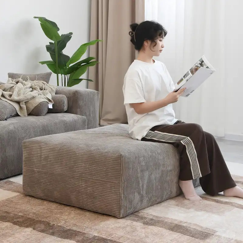 Black / Beige / Light Brown Corduroy L-Shaped Sectional Sofa with Ottoman, With/Without Arms, 5-Seat