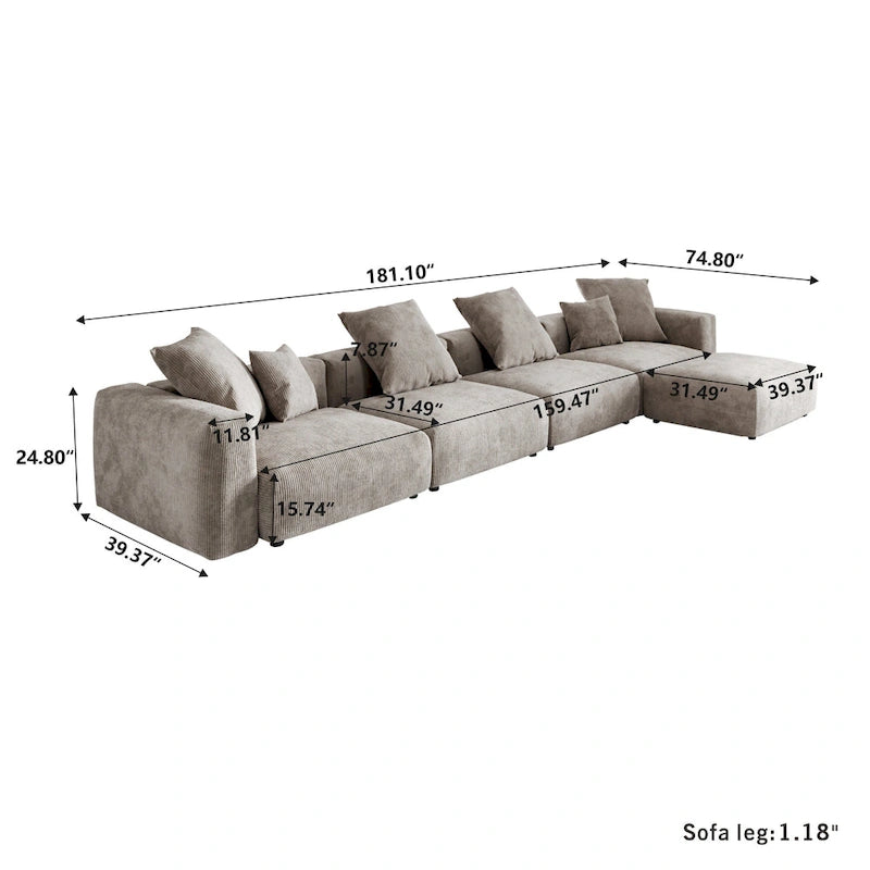 Black / Beige / Light Brown Corduroy L-Shaped Sectional Sofa with Ottoman, With/Without Arms, 5-Seat