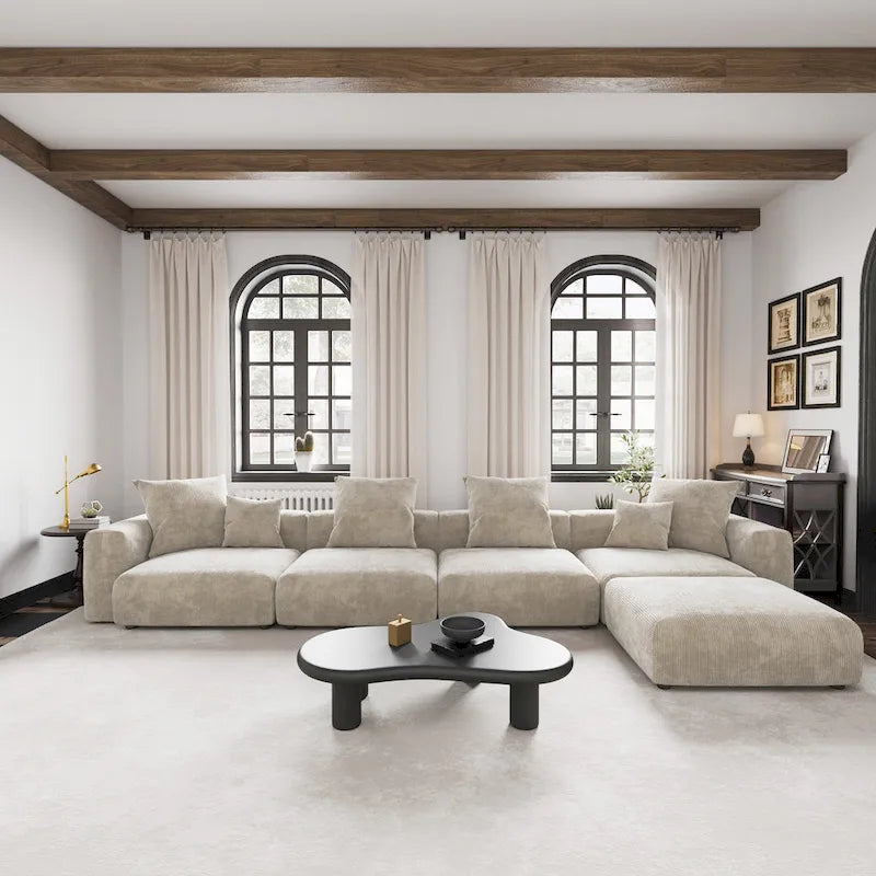 Black / Beige / Light Brown Corduroy L-Shaped Sectional Sofa with Ottoman, With/Without Arms, 5-Seat