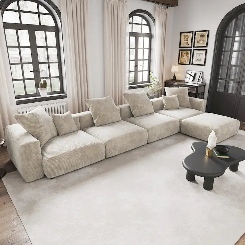 Black / Beige / Light Brown Corduroy L-Shaped Sectional Sofa with Ottoman, With/Without Arms, 5-Seat