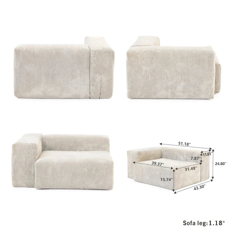 Black / Beige / Light Brown Corduroy L-Shaped Sectional Sofa with Ottoman, With/Without Arms, 5-Seat