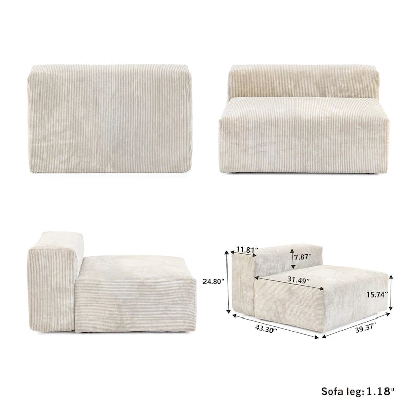Black / Beige / Light Brown Corduroy L-Shaped Sectional Sofa with Ottoman, With/Without Arms, 5-Seat