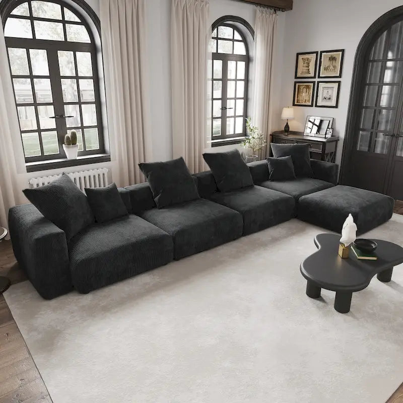 Black / Beige / Light Brown Corduroy L-Shaped Sectional Sofa with Ottoman, With/Without Arms, 5-Seat