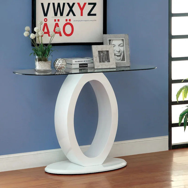 Black / White Modern O-Shaped Base Sofa Table, Tempered Glass Top, 1-Piece