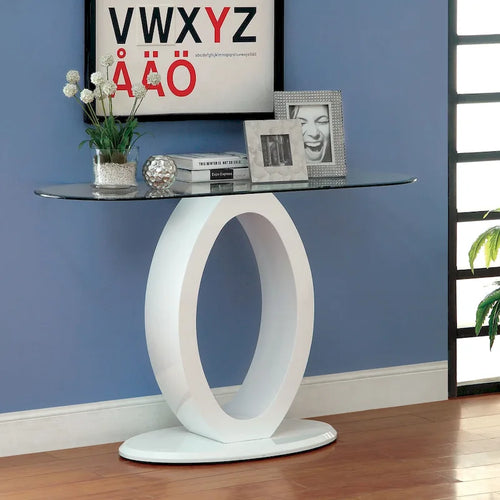 Black / White Modern O-Shaped Base Sofa Table, Tempered Glass Top, 1-Piece