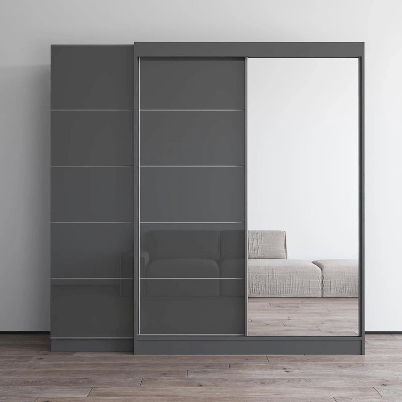 Gray / Black / White 2-Door Wardrobe Armoire with Mirror, Glass Front, 1-Person