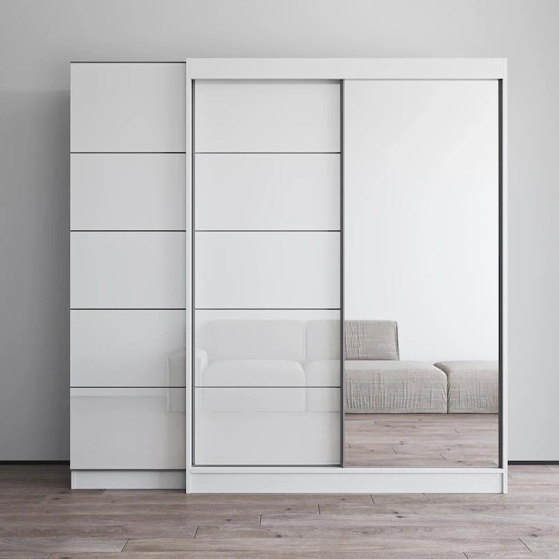 Gray / Black / White 2-Door Wardrobe Armoire with Mirror, Glass Front, 1-Person