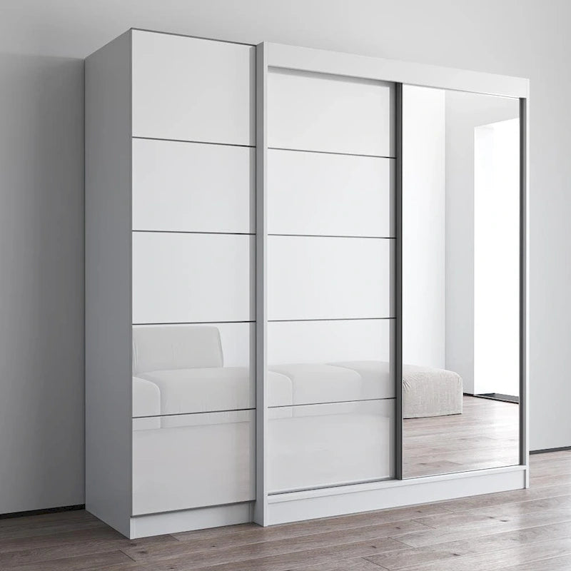 Gray / Black / White 2-Door Wardrobe Armoire with Mirror, Glass Front, 1-Person