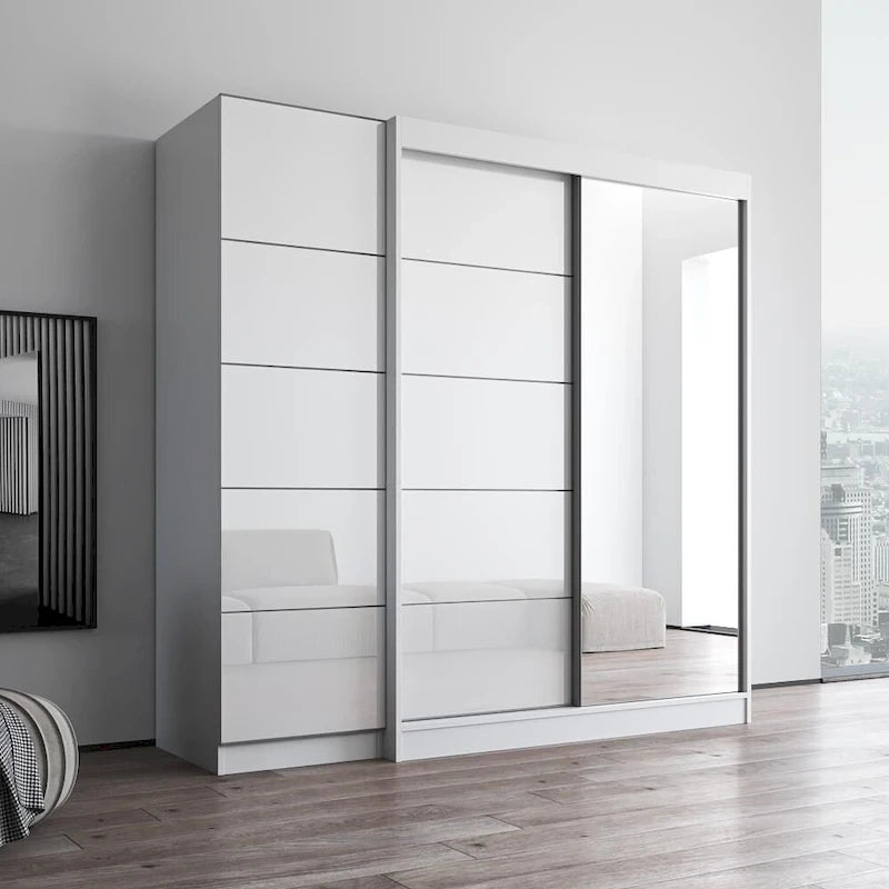 Gray / Black / White 2-Door Wardrobe Armoire with Mirror, Glass Front, 1-Person