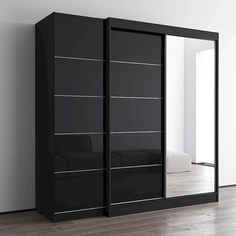 Gray / Black / White 2-Door Wardrobe Armoire with Mirror, Glass Front, 1-Person
