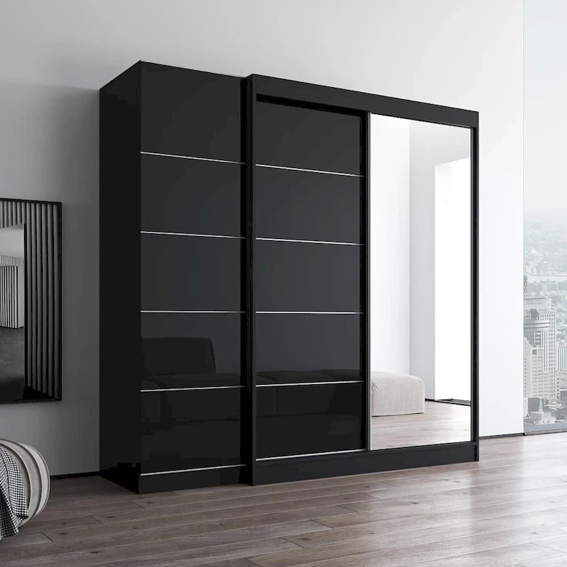 Gray / Black / White 2-Door Wardrobe Armoire with Mirror, Glass Front, 1-Person