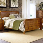 Aged Oak Queen Sleigh Bed for 2, Wood Frame
