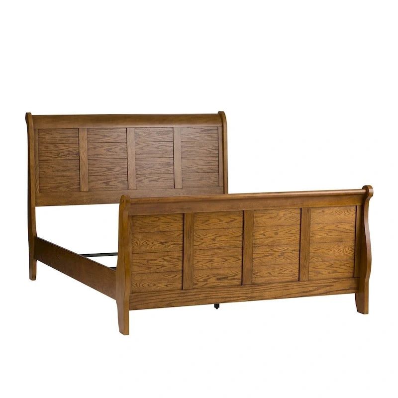 Aged Oak Queen Sleigh Bed for 2, Wood Frame