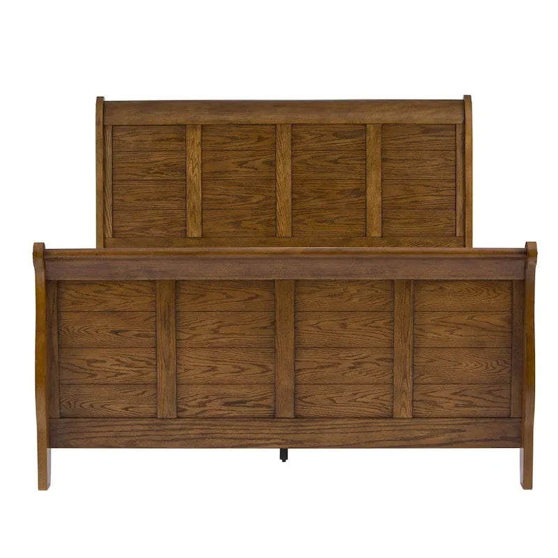 Aged Oak Queen Sleigh Bed for 2, Wood Frame