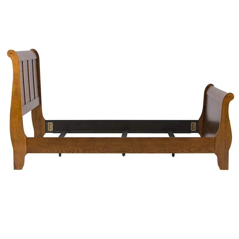 Aged Oak Queen Sleigh Bed for 2, Wood Frame