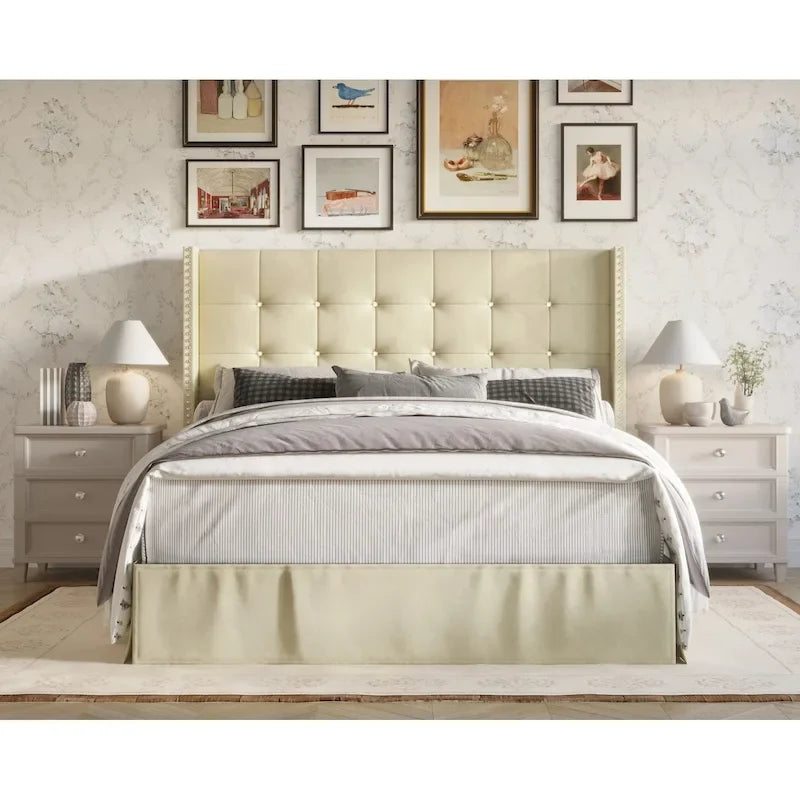 Velvet Tufted Wingback Platform Bed – Beige/Blue/Silver Grey/Black, Twin/Full/Queen/King