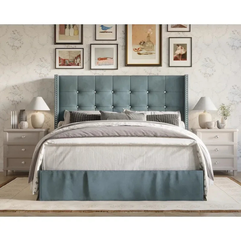 Velvet Tufted Wingback Platform Bed – Beige/Blue/Silver Grey/Black, Twin/Full/Queen/King