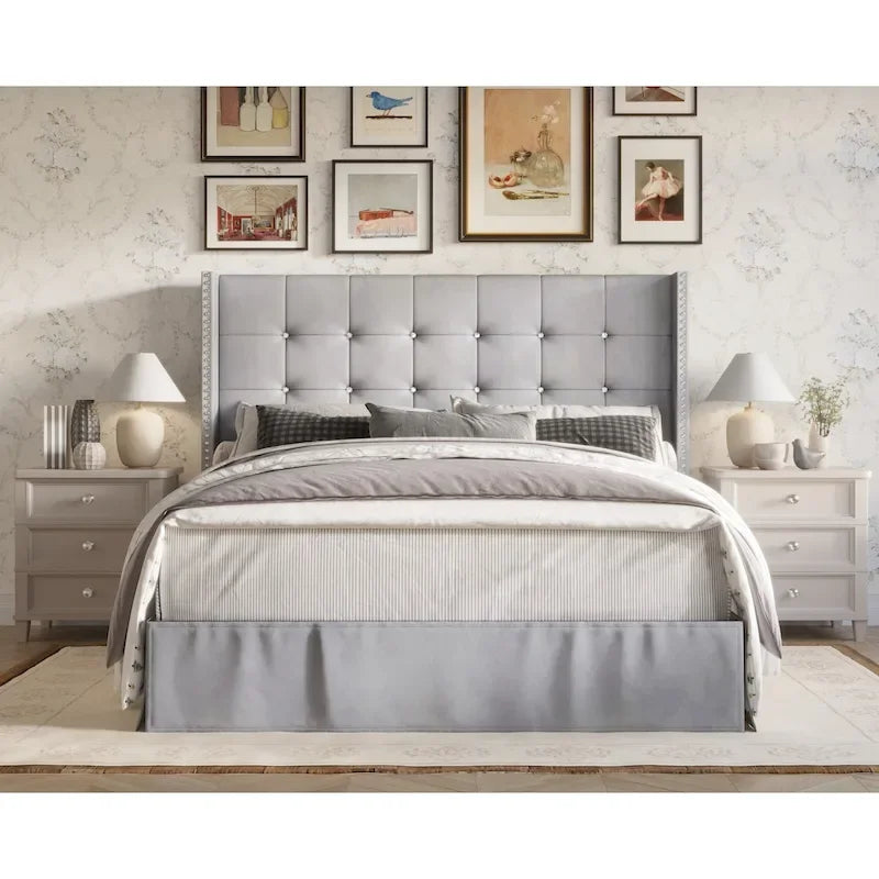 Velvet Tufted Wingback Platform Bed – Beige/Blue/Silver Grey/Black, Twin/Full/Queen/King