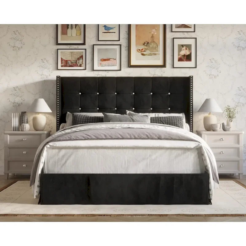 Velvet Tufted Wingback Platform Bed – Beige/Blue/Silver Grey/Black, Twin/Full/Queen/King