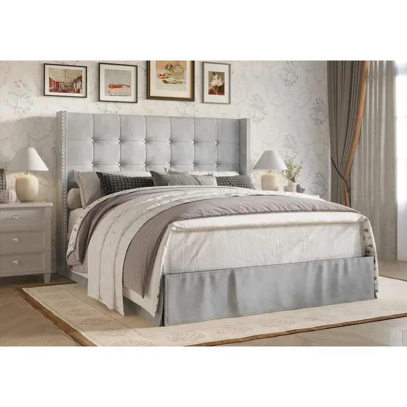 Velvet Tufted Wingback Platform Bed – Beige/Blue/Silver Grey/Black, Twin/Full/Queen/King