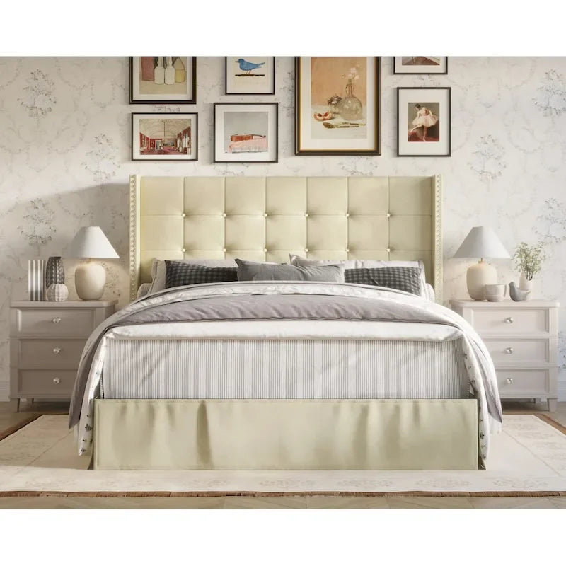 Velvet Tufted Wingback Platform Bed – Beige/Blue/Silver Grey/Black, Twin/Full/Queen/King