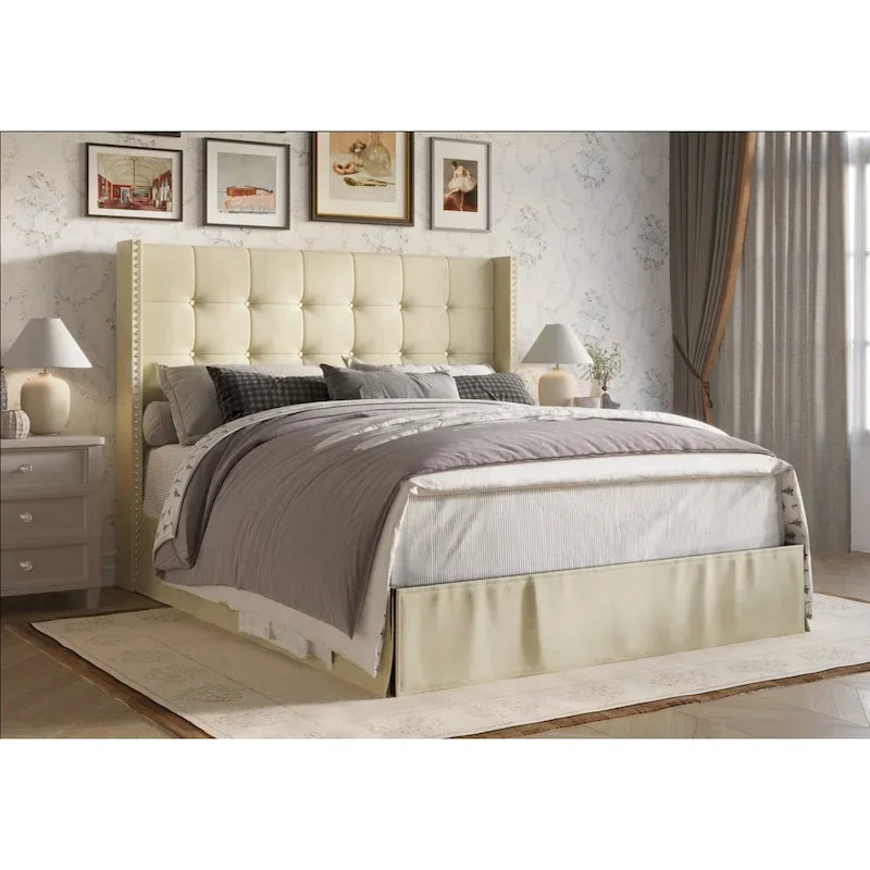 Velvet Tufted Wingback Platform Bed – Beige/Blue/Silver Grey/Black, Twin/Full/Queen/King