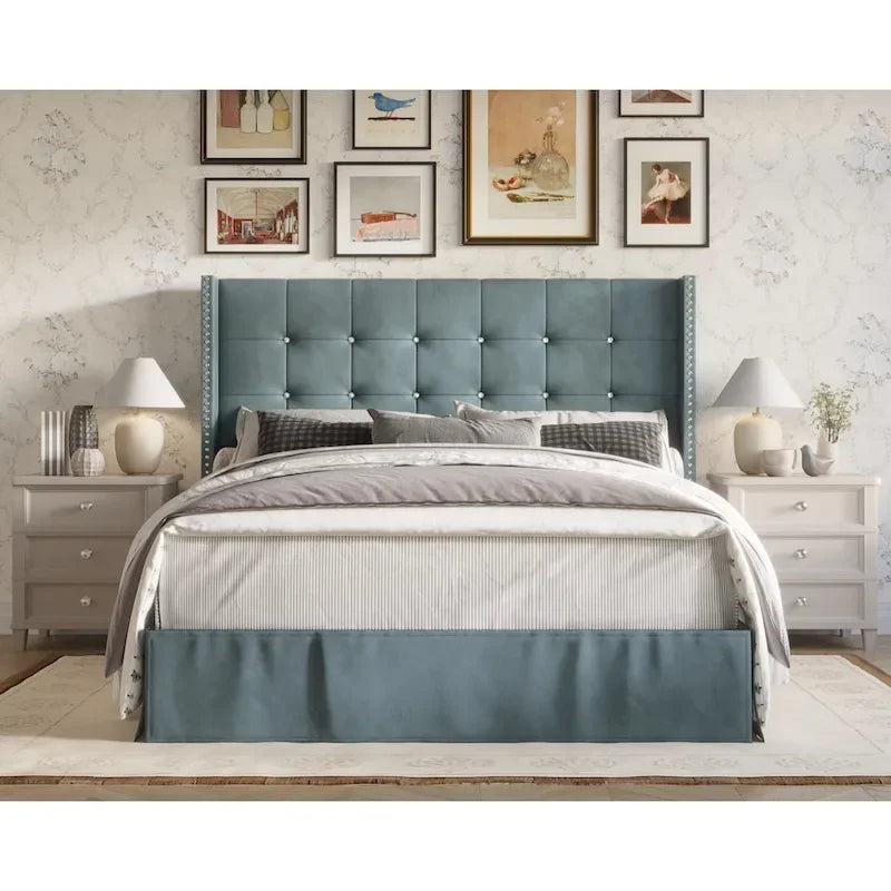 Velvet Tufted Wingback Platform Bed – Beige/Blue/Silver Grey/Black, Twin/Full/Queen/King