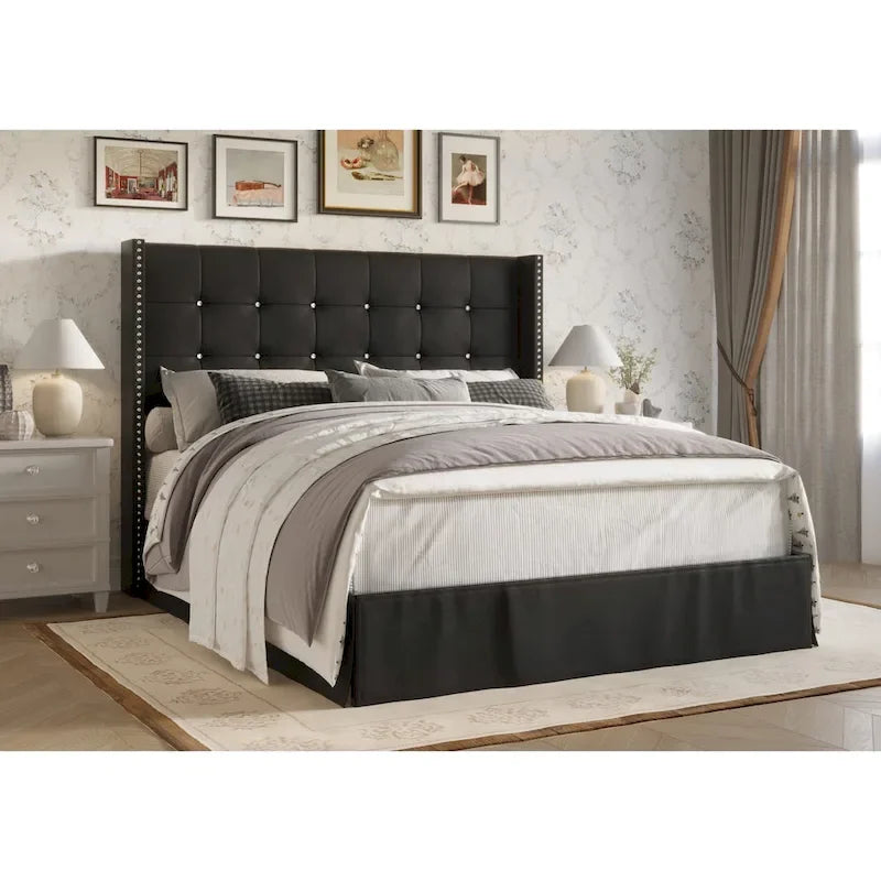 Velvet Tufted Wingback Platform Bed – Beige/Blue/Silver Grey/Black, Twin/Full/Queen/King