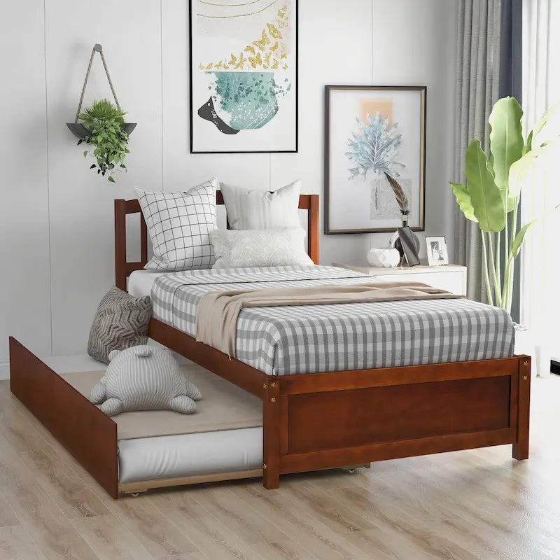 Twin Platform Bed Frame with Trundle – Gray / Walnut / Espresso / White, Sleeps 1+1