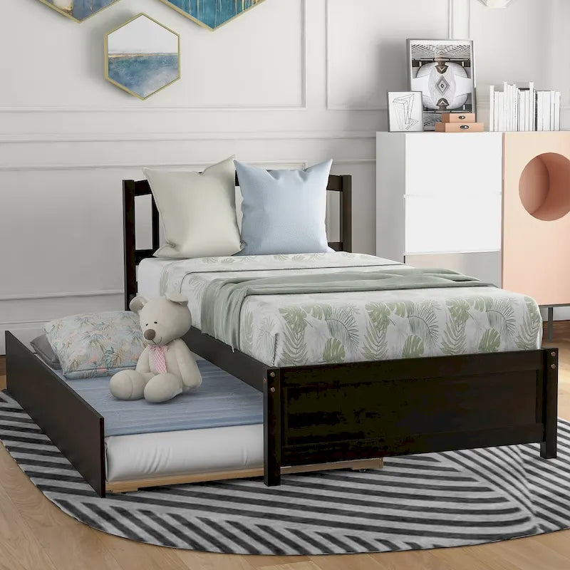 Twin Platform Bed Frame with Trundle – Gray / Walnut / Espresso / White, Sleeps 1+1