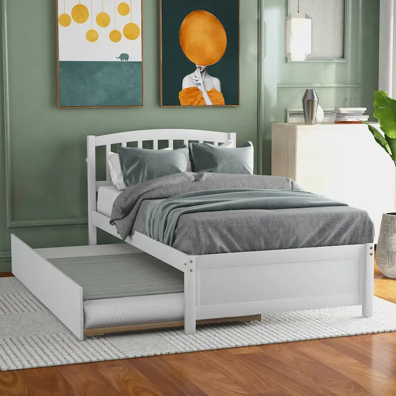 Twin Platform Bed Frame with Trundle – Gray / Walnut / Espresso / White, Sleeps 1+1