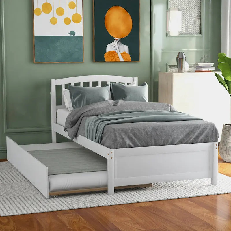 Twin Platform Bed Frame with Trundle – Gray / Walnut / Espresso / White, Sleeps 1+1