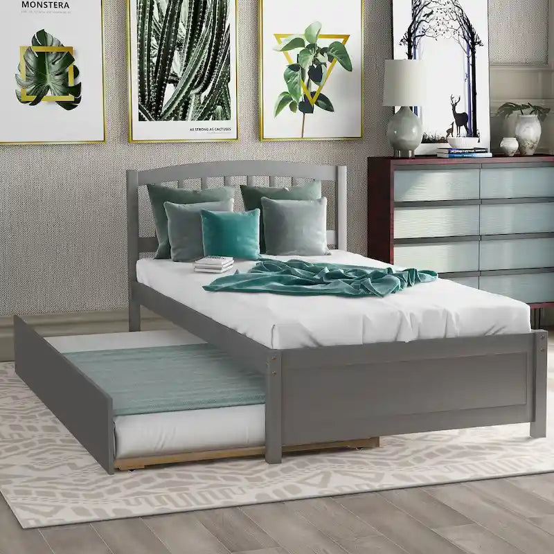 Twin Platform Bed Frame with Trundle – Gray / Walnut / Espresso / White, Sleeps 1+1