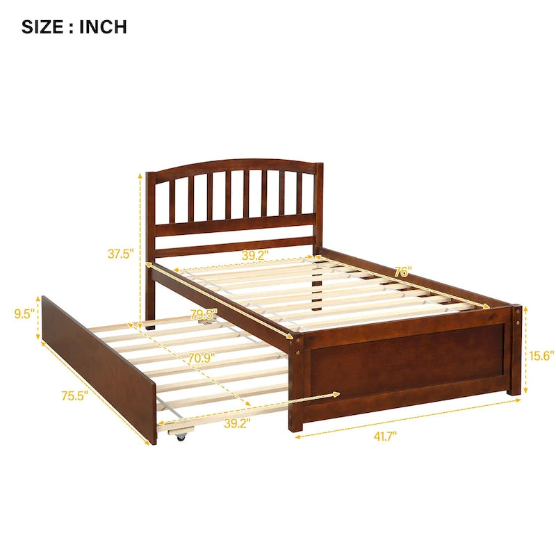 Twin Platform Bed Frame with Trundle – Gray / Walnut / Espresso / White, Sleeps 1+1