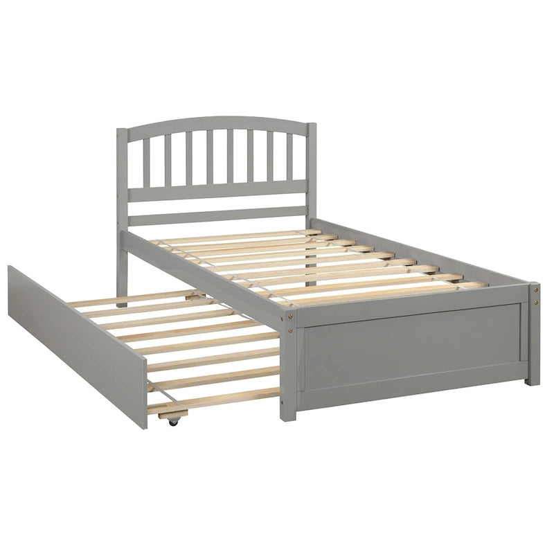 Twin Platform Bed Frame with Trundle – Gray / Walnut / Espresso / White, Sleeps 1+1