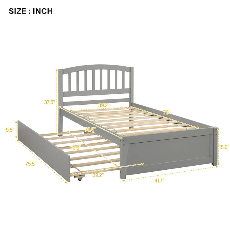 Twin Platform Bed Frame with Trundle – Gray / Walnut / Espresso / White, Sleeps 1+1