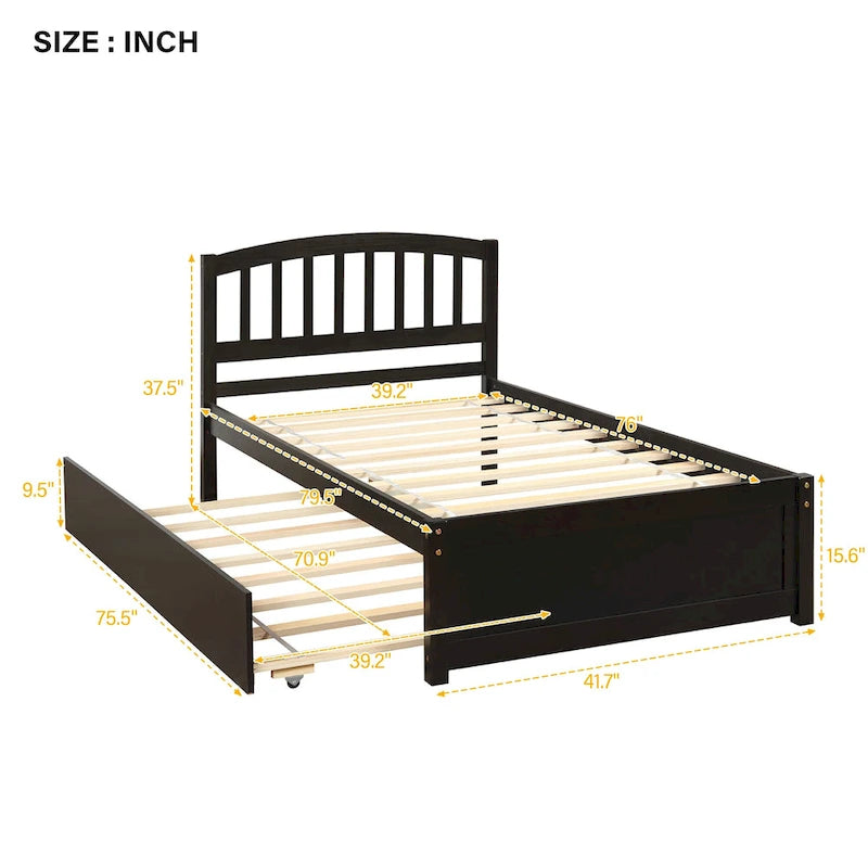 Twin Platform Bed Frame with Trundle – Gray / Walnut / Espresso / White, Sleeps 1+1