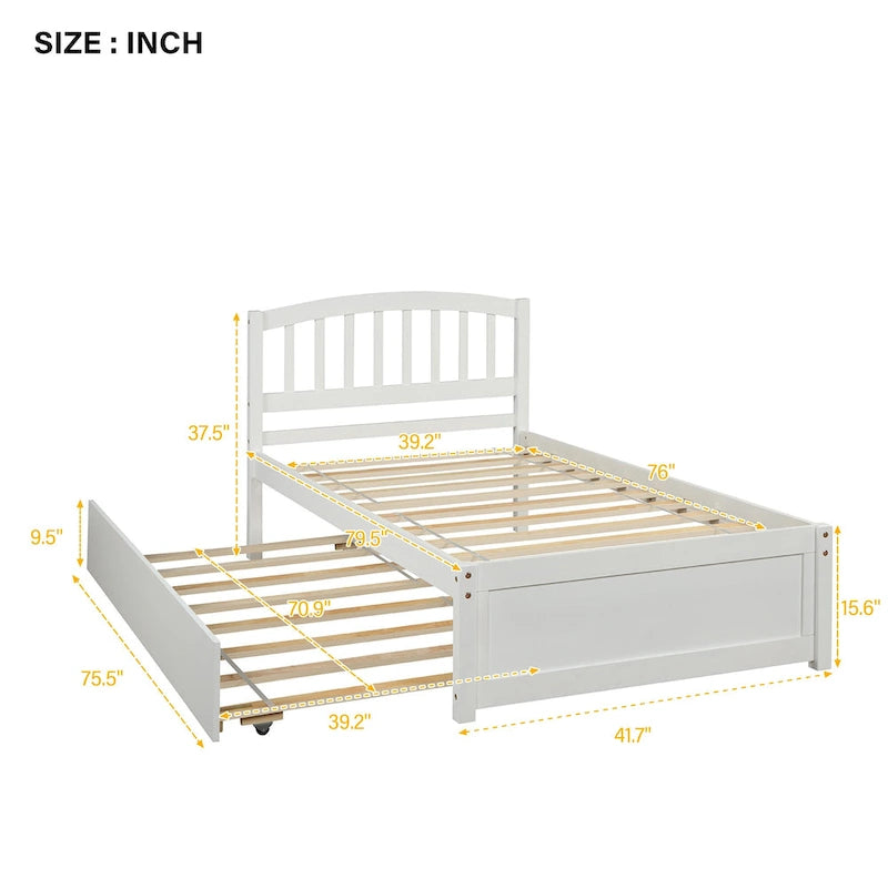 Twin Platform Bed Frame with Trundle – Gray / Walnut / Espresso / White, Sleeps 1+1