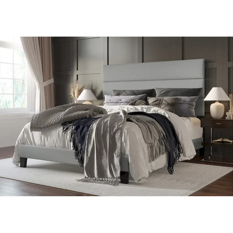 Gray Upholstered Platform Bed, Panel Style, for 1–2 People