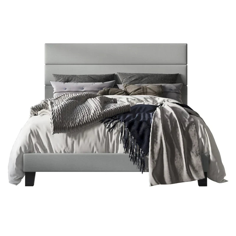 Gray Upholstered Platform Bed, Panel Style, for 1–2 People