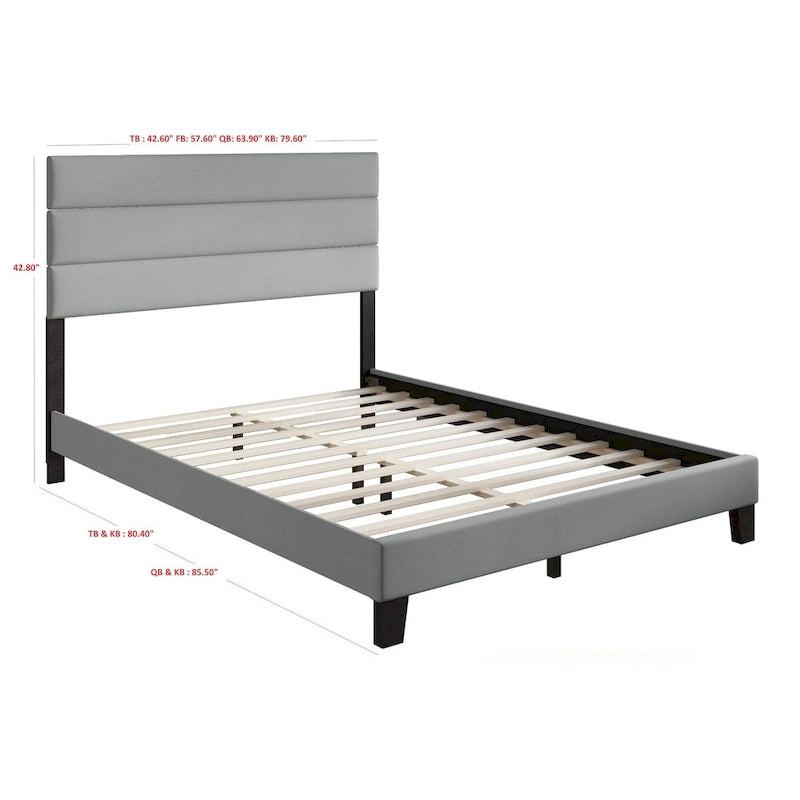 Gray Upholstered Platform Bed, Panel Style, for 1–2 People