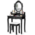 White/Black Oval Mirror Vanity Desk with Stool, Single-Person