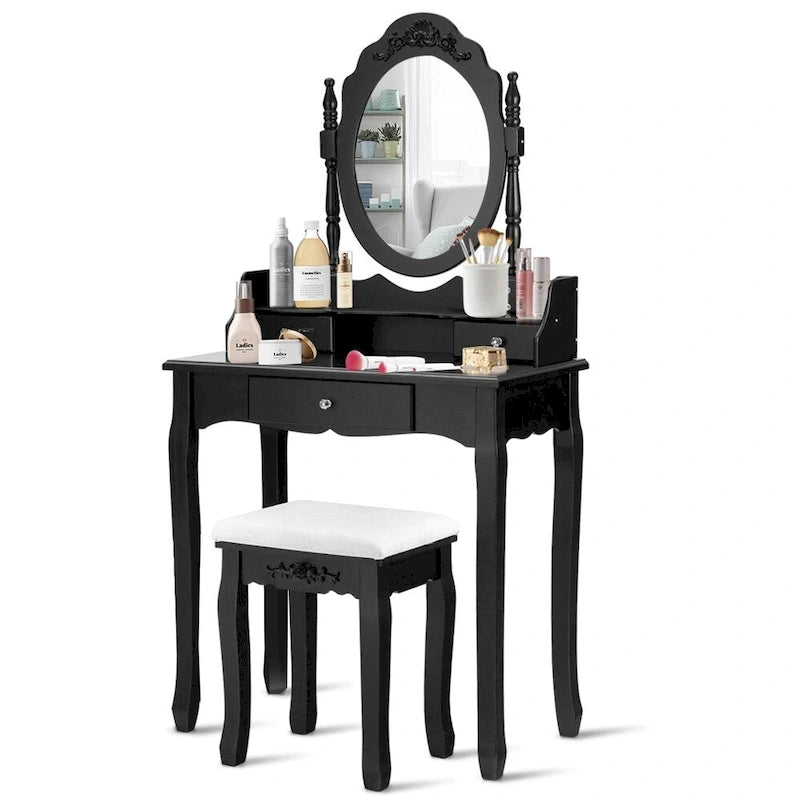 White/Black Oval Mirror Vanity Desk with Stool, Single-Person