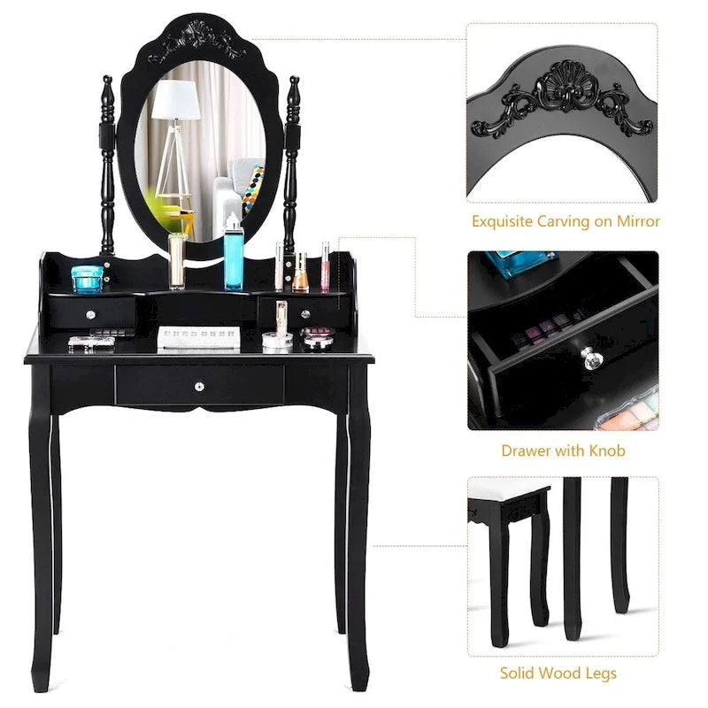 White/Black Oval Mirror Vanity Desk with Stool, Single-Person