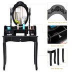 White/Black Oval Mirror Vanity Desk with Stool, Single-Person