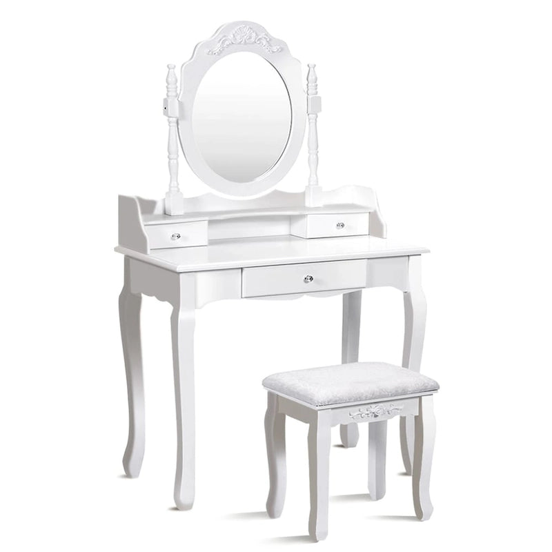 White/Black Oval Mirror Vanity Desk with Stool, Single-Person