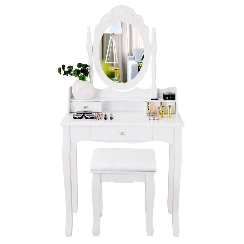 White/Black Oval Mirror Vanity Desk with Stool, Single-Person