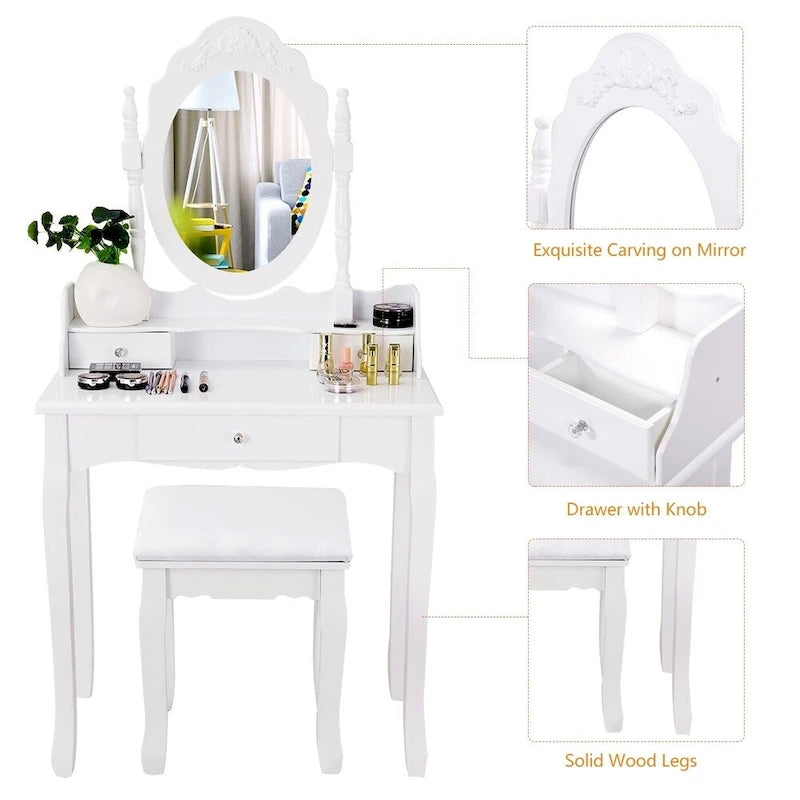 White/Black Oval Mirror Vanity Desk with Stool, Single-Person