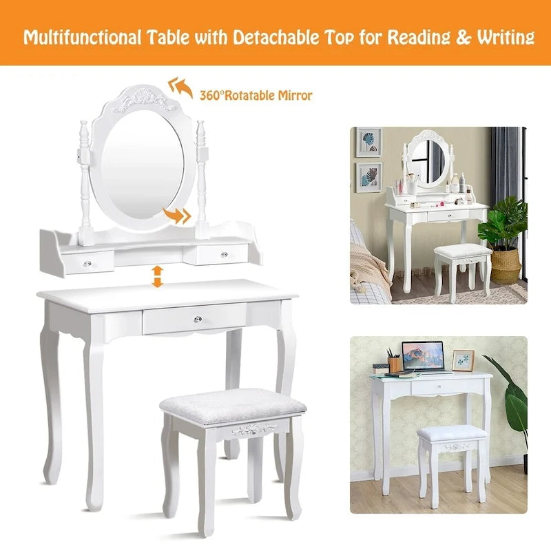 White/Black Oval Mirror Vanity Desk with Stool, Single-Person