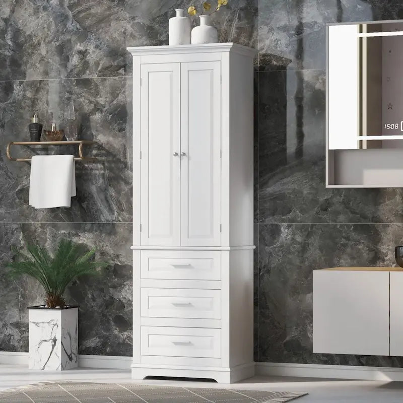 White Tall Bathroom Storage Cabinet with 3 Drawers, Single-Person Use